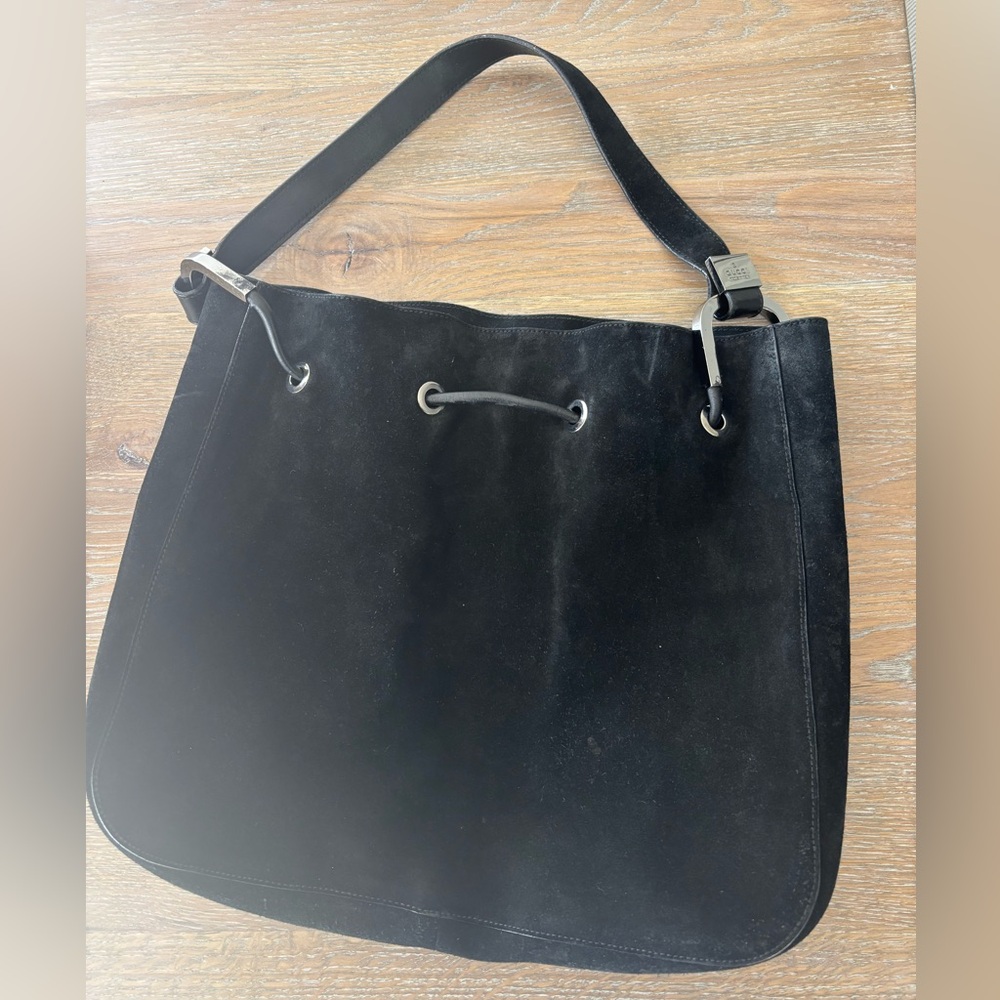 Gucci Black Suede Shoulder Bag with Silver Buckle